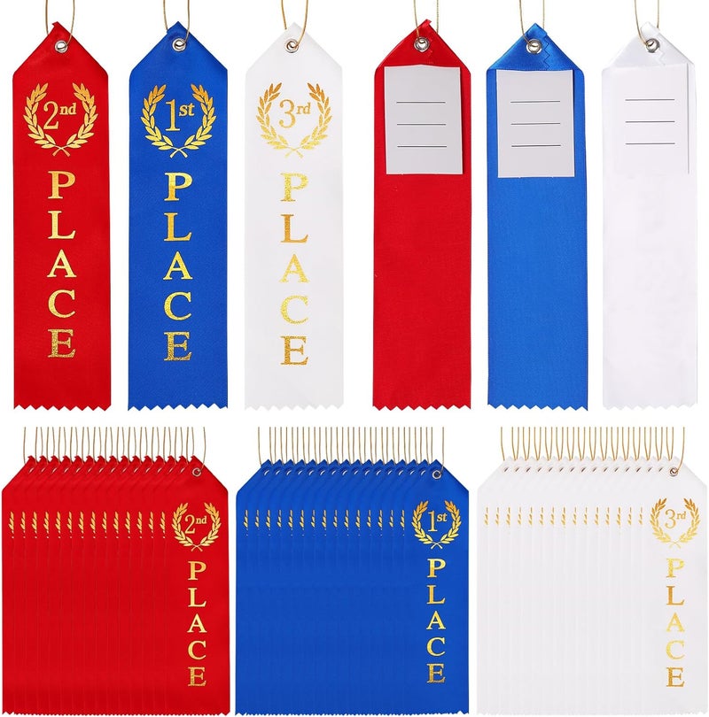 Berenlu 48PCS Award Ribbons, Medal Ribbons for 1st, 2nd, 3rd Place, Event Card & Rope Included, Perfect for Competitions, Sports Events, School Challenges, Vibrant Blue, Red, and White - Image 1